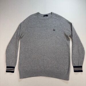 Fred Perry Textured Pique Crew Sweatshirt Men's XL Gray Logo Cotton K8217 *STAIN